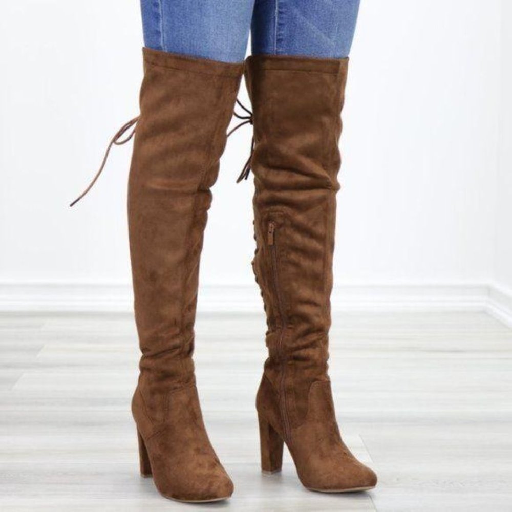 Suede Over The Knee Heeled Boots With Lace Up Back - Picture 6 of 13
